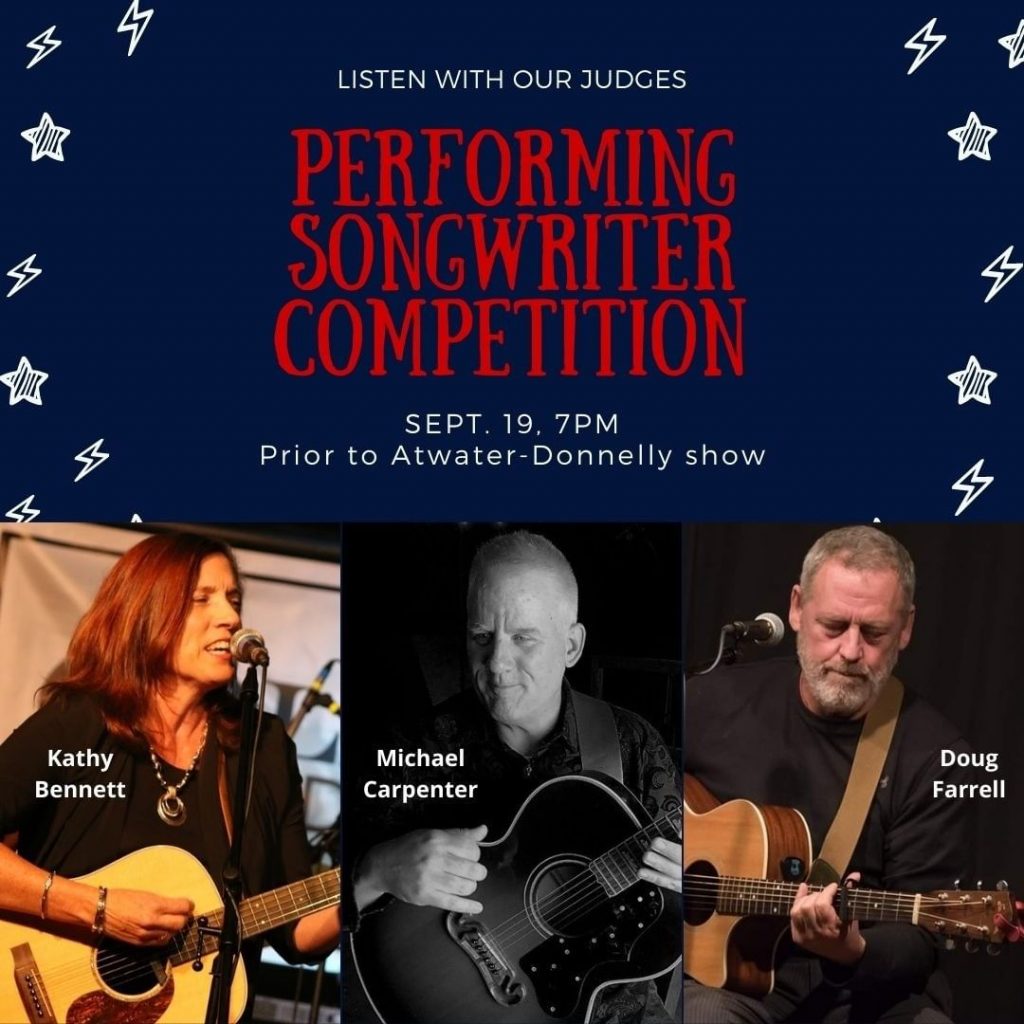 Who will win? Kathy Bennett, Michael Carpenter? Doug Farrell? The contestants in our 28th annual Performing Songwriter Competition will perform at 7 p.m. Saturday, Sept. 19 in a virtual show on Zoom, Facebook and YouTube. Make sure you join us for the fun!
