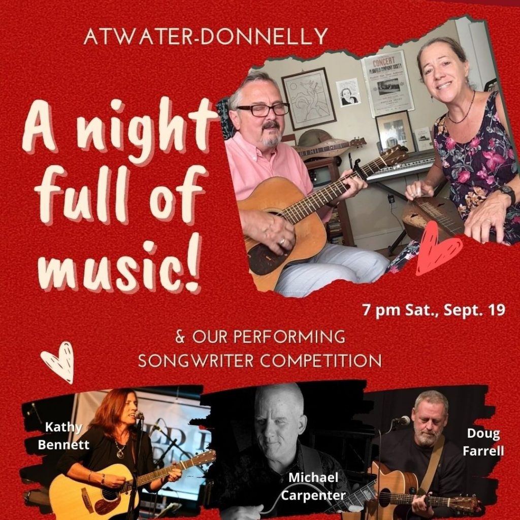 Join us virtually at 7 PM on Saturday, Sept. 19 for great trad and original music couple Atwater-Donnelly, preceded by our annual performing Songwriter Competition. http://rosegardenfolk.com/music/shows/atwater-donnelly-and-contest-sept-19-2020/